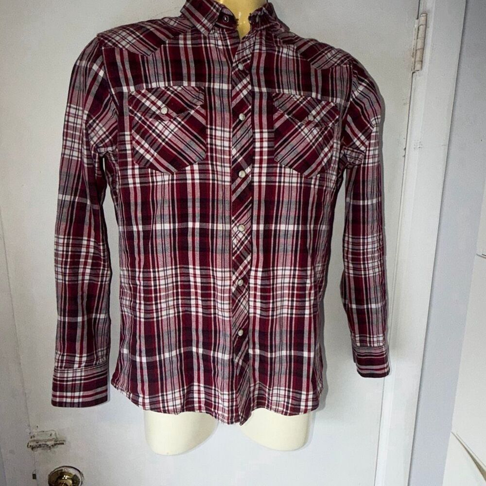SUN + STONE Maroon Plaid Pearl Snap Button Long Sleeve Shirt-S